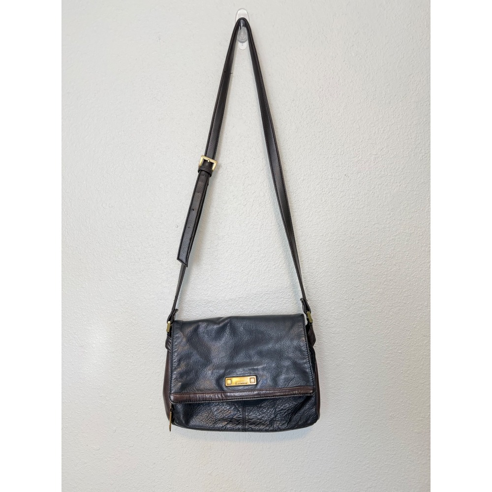 Vintage Liz Claiborne Black Leather Crossbody Bag Organizer Brown Trim Medium